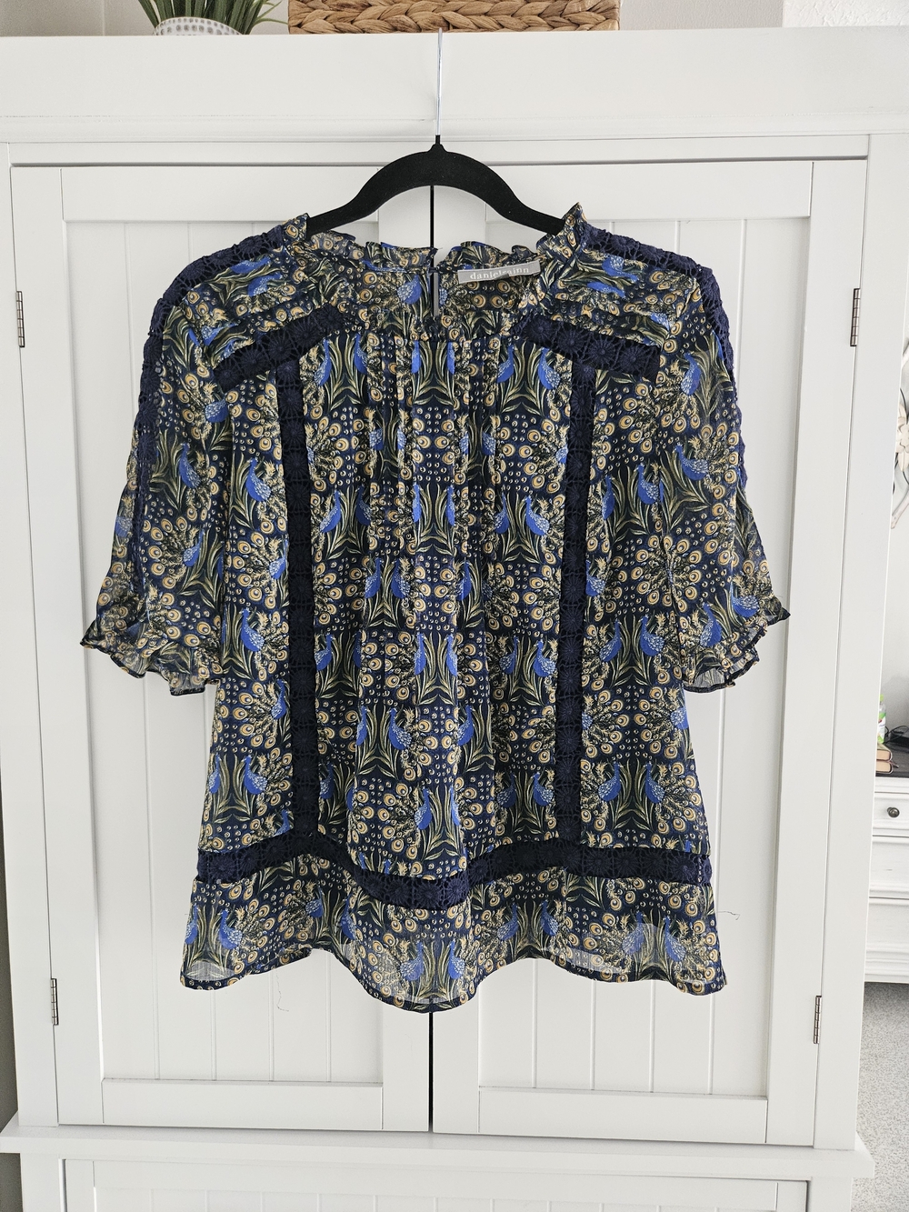 Daniel Rainn Navy Floral Lace-Trim Blouse